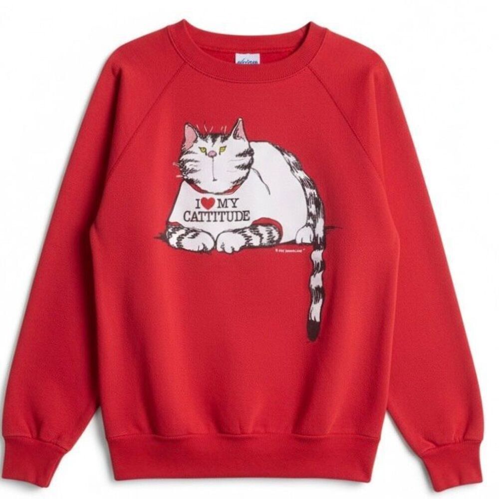 Vintage 1992 Cat Graphic Sweatshirt Red Catitude Crewneck Pannill Hanes L
